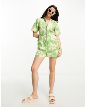 ASOS Linen Look Zip Through Utility Playsuit - Green