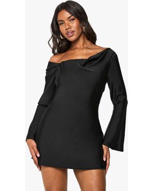 Boohoo Satin Draped Flared Sleeve Mini Dress - Black