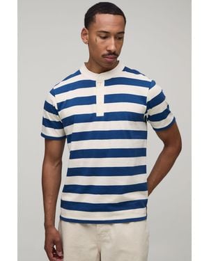 BoohooMAN Slim Fit Stripe Henley T-Shirt - Blue