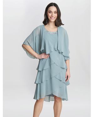 Gina Bacconi Toni Chiffon Tier Jacket Dress With Beaded Neck - Blue