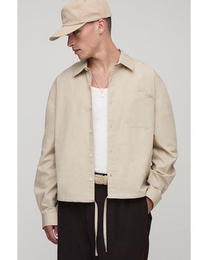 BoohooMAN Long Sleeve Embroidered Boxy Oversized Bungee Hem Poplin Shirt - Natural