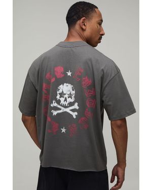 BoohooMAN Oversized Skull Print Raw Hem T-Shirt Cotton - Grey