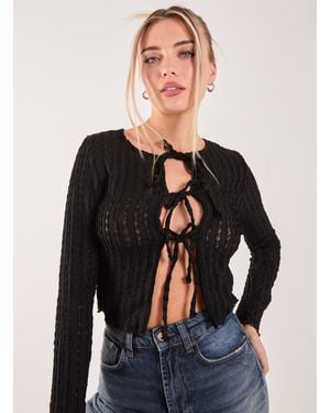 Pink Vanilla Tie Crinkle Cardigan - Black