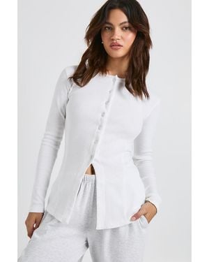 Boohoo Ribbed Longline Popper Front Top - White