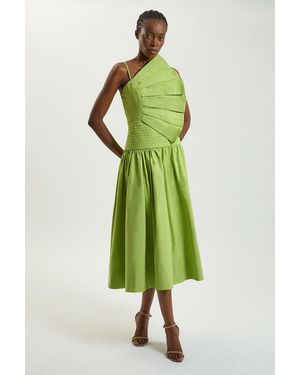 Karen Millen Cotton Poplin 3D Pleat Detail Woven Midi Dress - Green