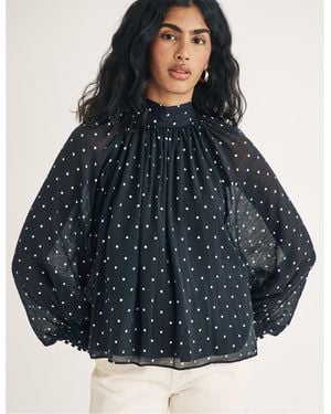 Nobody's Child Nobodys High Neck Relaxed Fit Long Sleeve Blouse - Blue