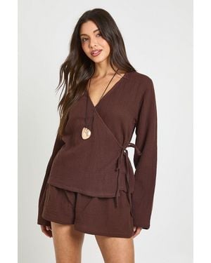 Boohoo Cheesecloth Tie Side Wrap Shirt Co-Ord - Brown