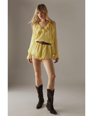Warehouse Marble Dobby Chiffon Ruffle Blouson Playsuit - Natural