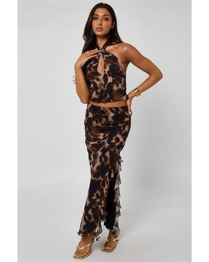 Urban Bliss Ruffle Detail Split Maxi Skirt - Brown