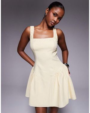 Kaiia Exclusive Square Neck Ruched Lace Trim Hip Pleat Detail Mini Dress - Natural