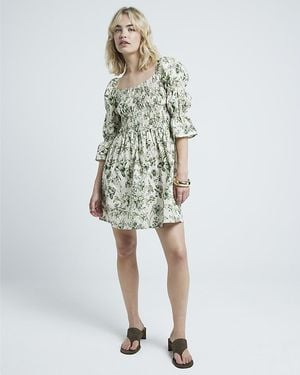 River Island Smock Mini Dress Floral Shirred Cotton - White