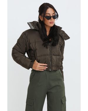 Femme Luxe Cropped Padded Long Sleeve Zip Front Shower Proof Jacket - Brown
