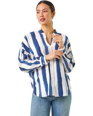 Roman Stripe Print Relaxed Button Shirt - Blue