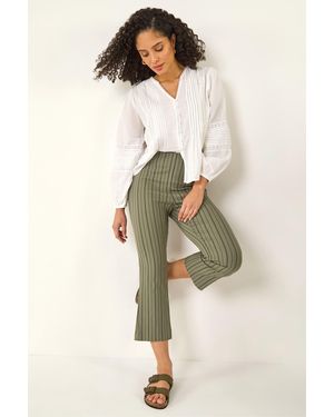 Roman Stripe Print Crop Bootleg Trouser - Natural