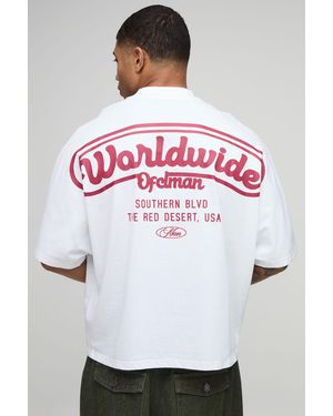BoohooMAN Oversized Extended Neck Western Worldwide T-Shirt - White