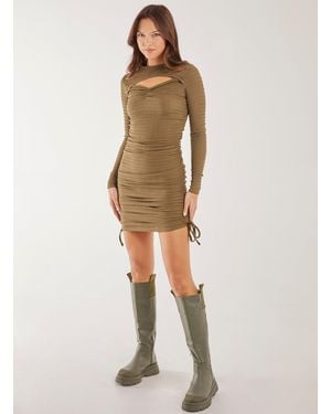 Pink Vanilla Long Sleeve Letterbox Textured Midi Dressing - Natural