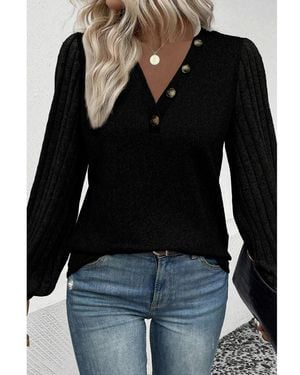 Azura Exchange Buttoned V Neck Ribbed Puff Sleeve Top - Black
