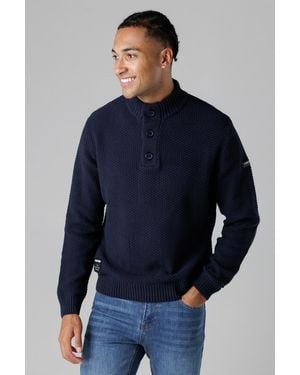 Firetrap Dark Cotton Rich Waffle Knit Funnel Neck Jumper With Buttons - Blue