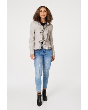 Izabel London Frilled Front Faux Leather Jacket - Blue