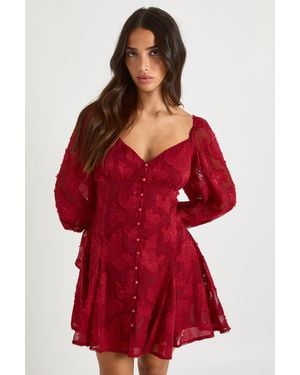 Boohoo Petite Burnout Floral Godet Hem Mini Dress - Red