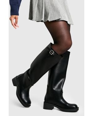 Boohoo Vintage Look Buckle Detail Knee High Boot - Black