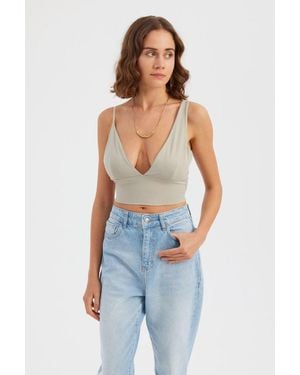 Hiccup Plunge Neck Woven Sleeveless Top With Back Detail - Blue