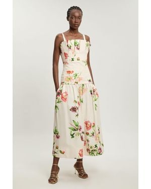 Karen Millen Printed Poplin Pleated Midi Dress - Natural