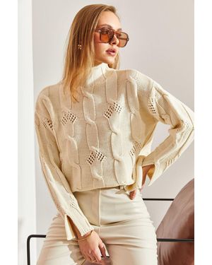 Bianco Lucci Textured Half Turtleneck Knit Jumper - Natural