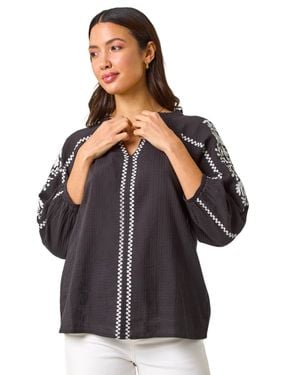 Roman Embroidered Sleeve V-Neck Top - Black