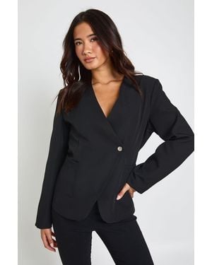 Boohoo Button Collarless Wrap Blazer - Black