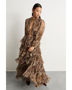 Warehouse Petite Ruffle Neck Tulle Maxi Dress - Multicolour