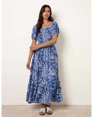 Blue Vanilla Large Floral Printed Square Neck Puff Sleeve Dress - Blue