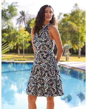 Blue Vanilla Tiered Halter Neck Aztec Belted Mini Dress - Blue