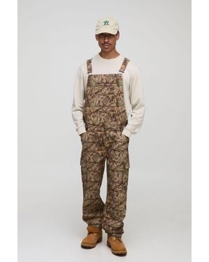 BoohooMAN Forest Camo Cargo Pocket Relaxed Dungarees - Natural