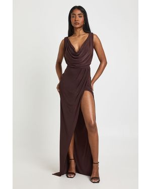 Boohoo Tall Slinky Ruched Wrap Maxi Dress - Brown