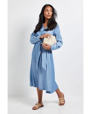 Wallis Petite Denim Look Tie Waist Midi Dress - Blue