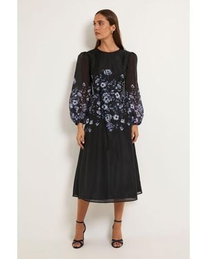 Wallis Floral Placement Organza Midi Dress - Black