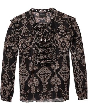 Maison Scotch Sheer Printed Lace Up Eyelet Details Top - Black
