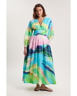Karen Millen Silk Cotton Scenic Print Balloon Sleeve Woven Maxi Dress - Green