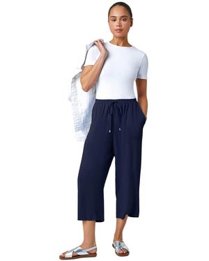 Roman Petite Linen Mix Wide Cropped Trousers - Blue