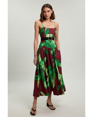 Karen Millen Petite Viscose Linen Palm Tree Belted Drop Waist Woven Midi Dress - Green