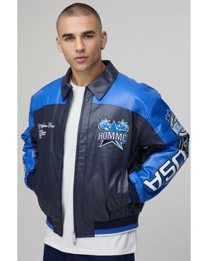 BoohooMAN Boxy Fit Textured Pu Homme Star Varsity Jacket - Blue