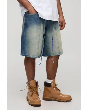 BoohooMAN Regular Fit Panelled Embroidered Jorts - Blue