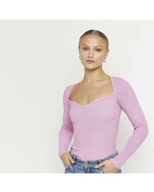 River Island Top Pink Metallic Plunge Long Sleeve Viscose