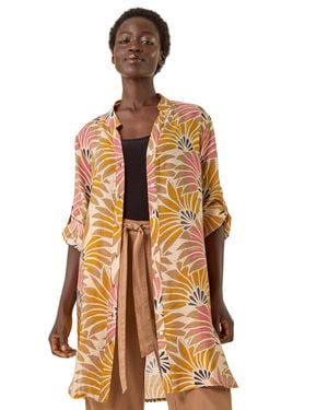 Roman Fan Print Longline Button Blouse - Orange