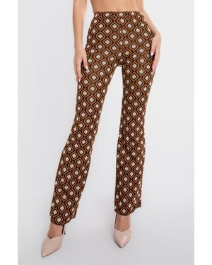 Hiccup Geometric Mid Rise Elastic Waist Flare Trousers - Brown