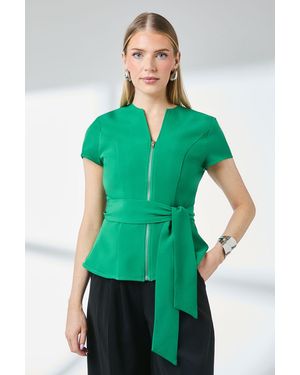 PRINCIPLES Zip Front Peplum Tie Waist Top - Green