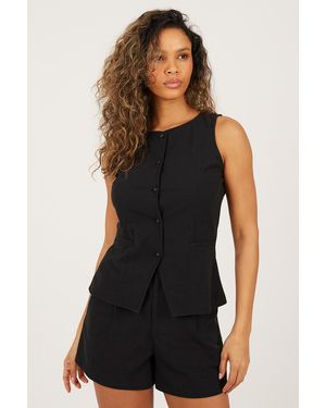 Brave Soul Linen Look Button Down Waistcoat - Black