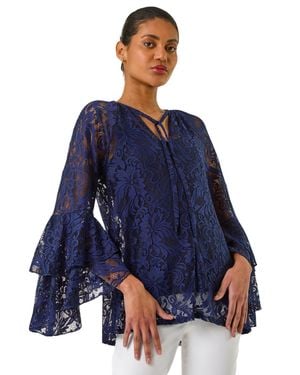 Roman Tie Neck Lace Detail Top - Blue