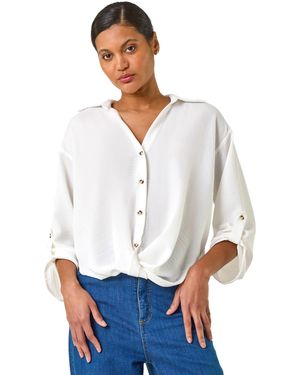 Roman Twist Hem V-Neck Shirt - White